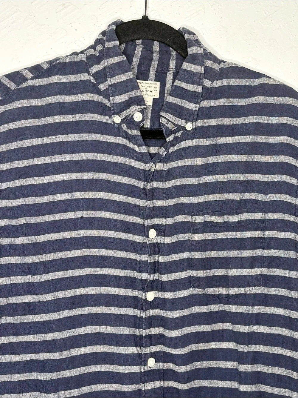 J. Crew Mens Large 100% Linen Shirt Navy Striped Classic Button Short‎ Sleeve